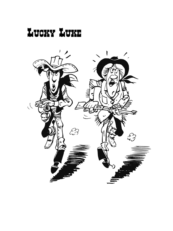 Lucky Luke tirant son revolver dans le Far West