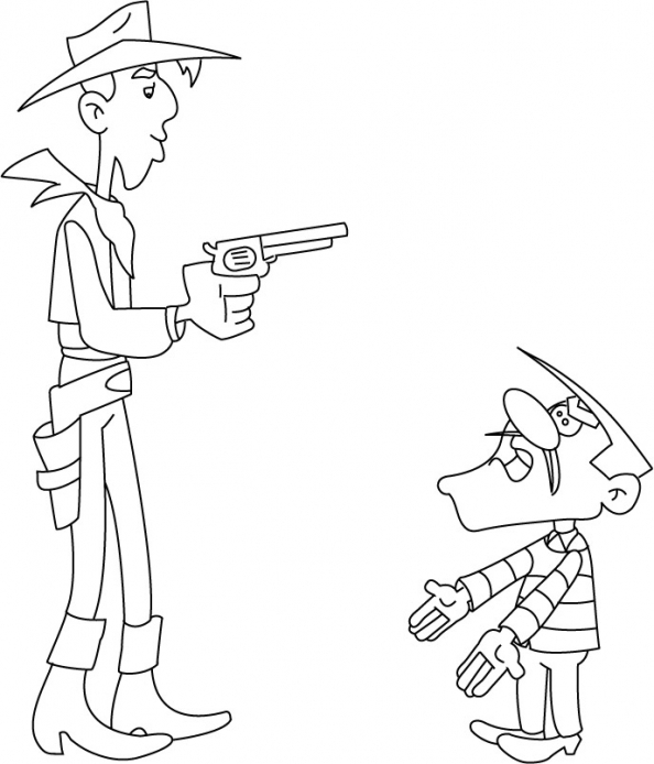 Coloriage de Lucky Luke en train de tirer avec son arme dans le désert