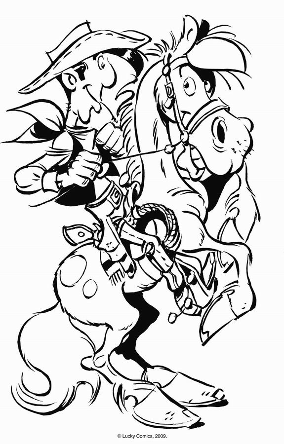 Lucky Luke en train de tirer sur des bandits dans le Far West