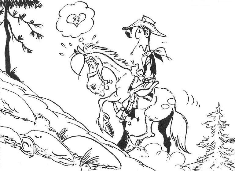 Lucky Luke à cheval dans le décor du Far West
