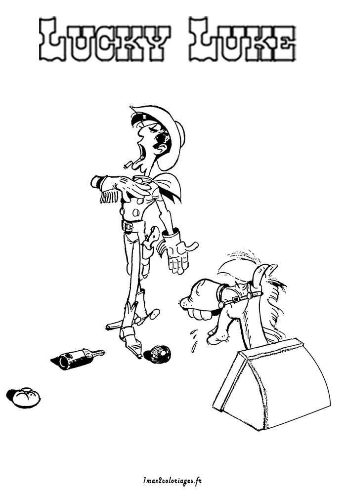 Coloriage de Lucky Luke tirant son revolver dans le désert