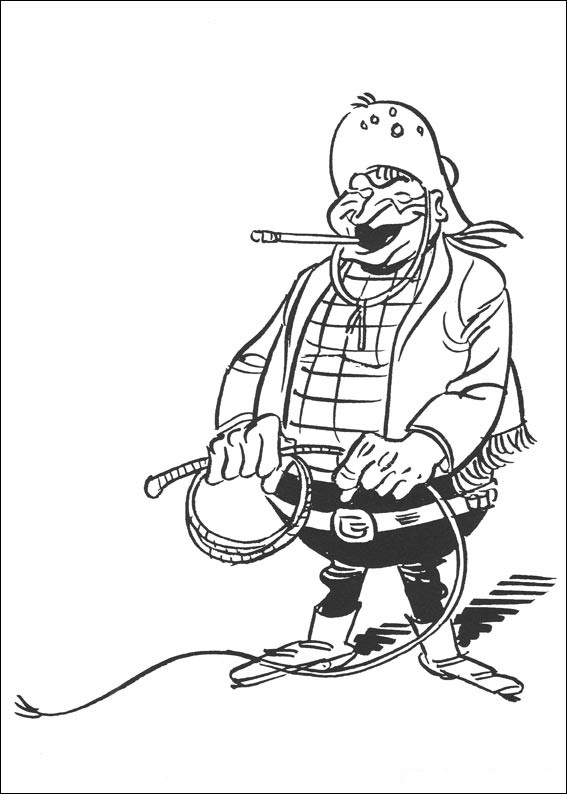 Coloriage de Lucky Luke tirant son revolver dans un décor de Far West