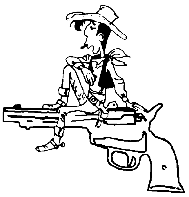 Lucky Luke en train de tirer avec ses compagnons dans le Far West