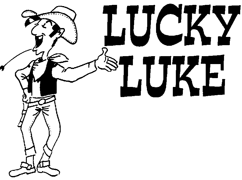 Lucky Luke en train de tirer un coup de revolver sous un ciel étoilé