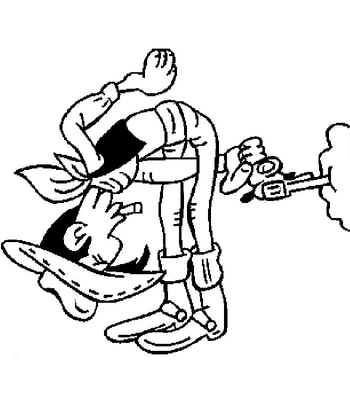 Coloriage de Lucky Luke tirant son revolver sous un ciel ensoleillé
