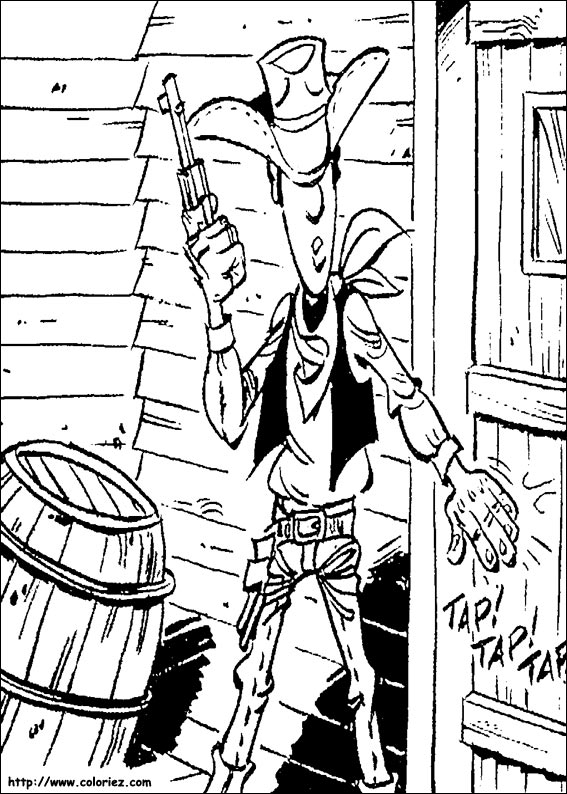 Lucky Luke en train de tirer avec son revolver dans le désert