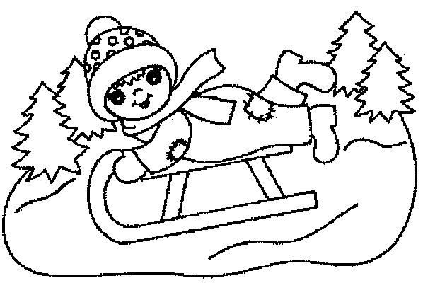 Coloriage d'enfants glissant sur une luge dans un paysage enneigé