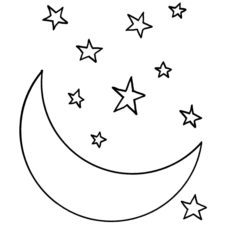 Coloriage d'une lune souriante entourée d'étoiles