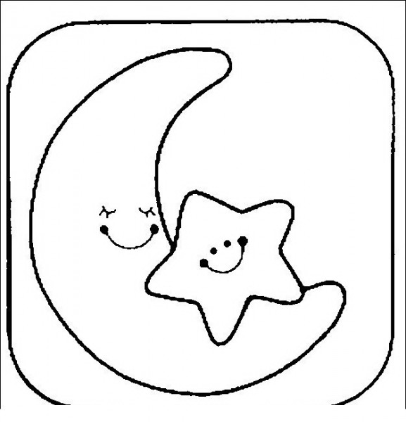 Coloriage d'une lune souriante entourée d'étoiles et de nuages