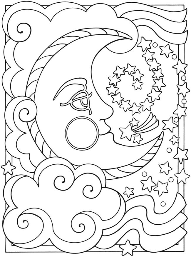 Coloriage d'une lune souriante entourée d'étoiles