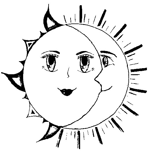 Coloriage d'une lune souriante entourée d'étoiles et de nuages