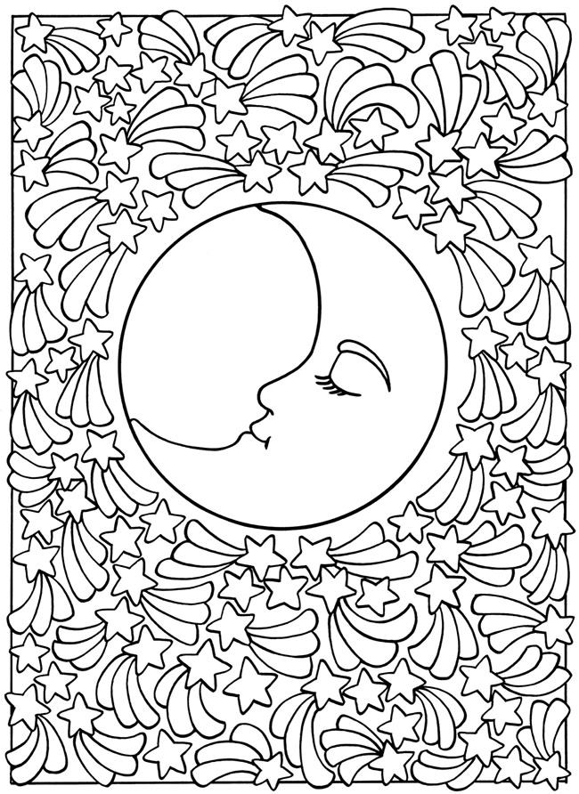 Coloriage d'une lune souriante dans un ciel étoilé