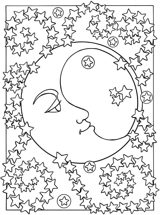Coloriage d'une lune souriante entourée d'étoiles scintillantes