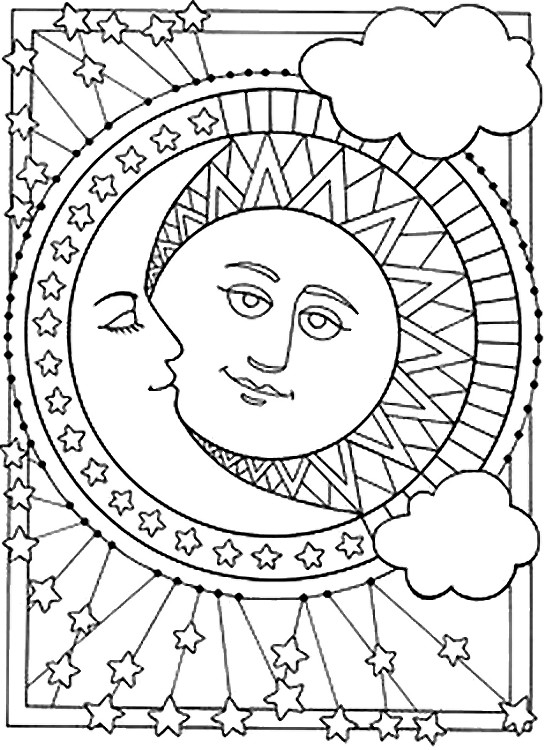 Coloriage d'une lune souriante dans un ciel étoilé Coloriage d'une lune souriante dans un ciel étoilé