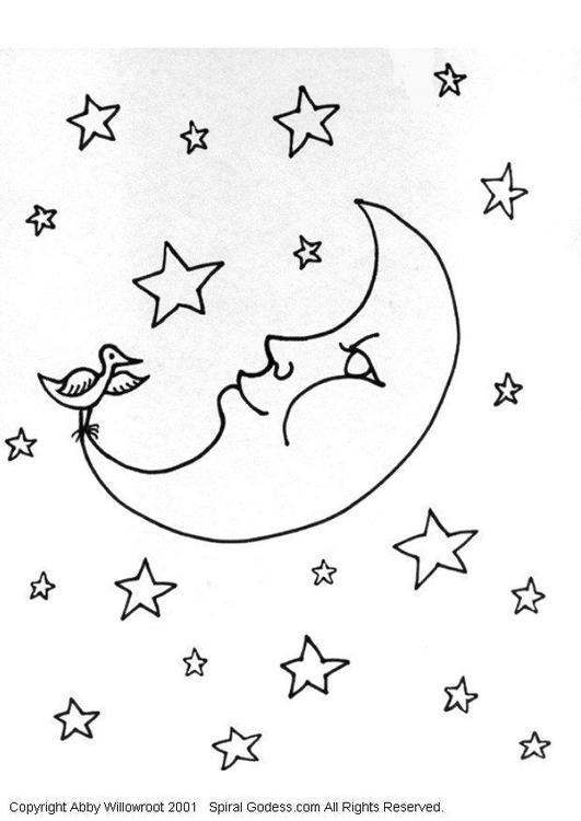 Coloriage de la lune avec des étoiles et des nuages