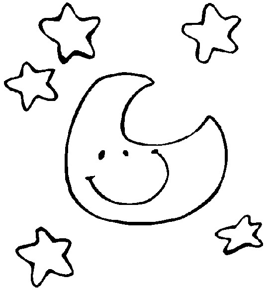 Coloriage d'une lune souriante avec des étoiles et des nuages