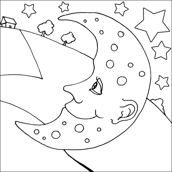 Coloriage d'une lune souriante entourée d'étoiles