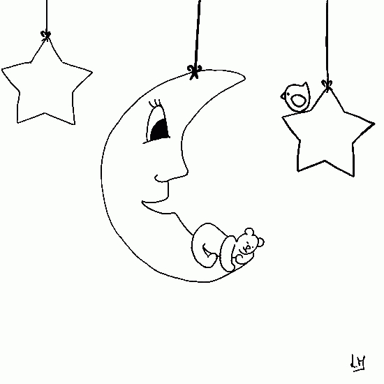 Coloriage d'une lune souriante entourée d'étoiles