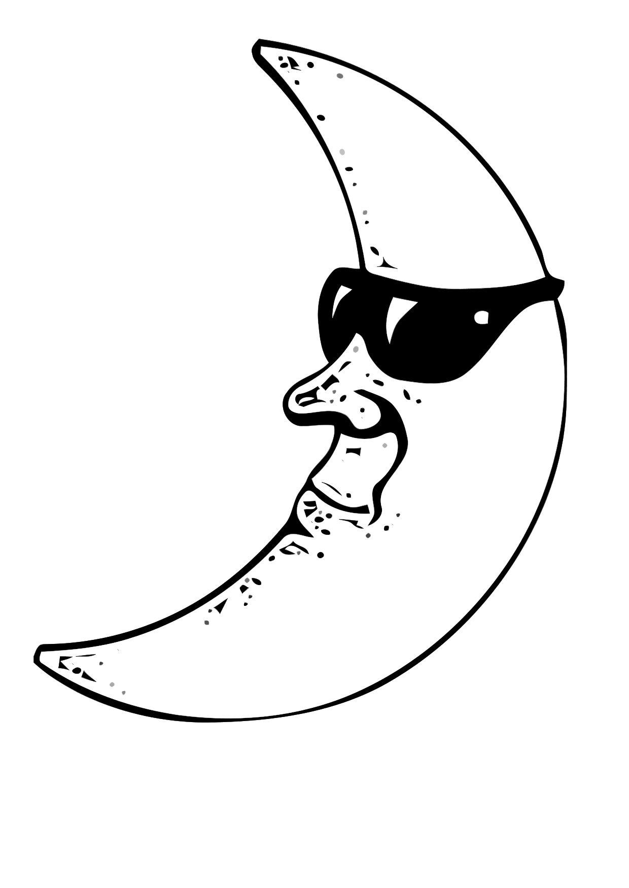 Coloriage d'une lune souriante entourée d'étoiles sur fond de ciel nocturne