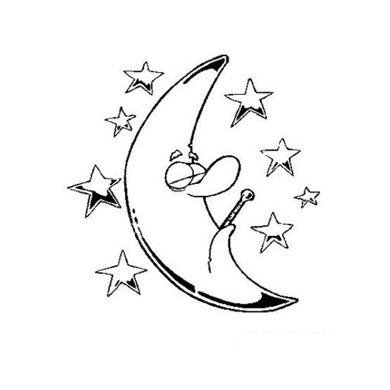 Coloriage d'une lune souriante dans un ciel étoilé