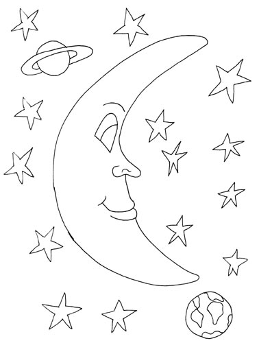 Coloriage d'une lune souriante au milieu des étoiles