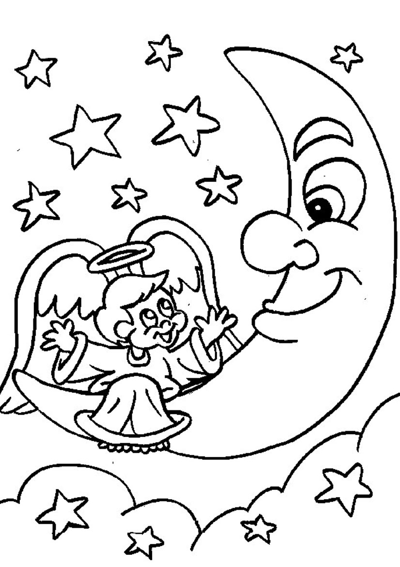 Coloriage d'une lune s'élevant au-dessus de nuages cotonneux
