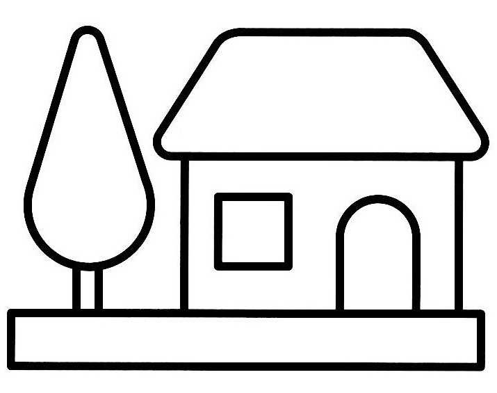 Coloriage d'une maison entourée d'arbres et de fleurs