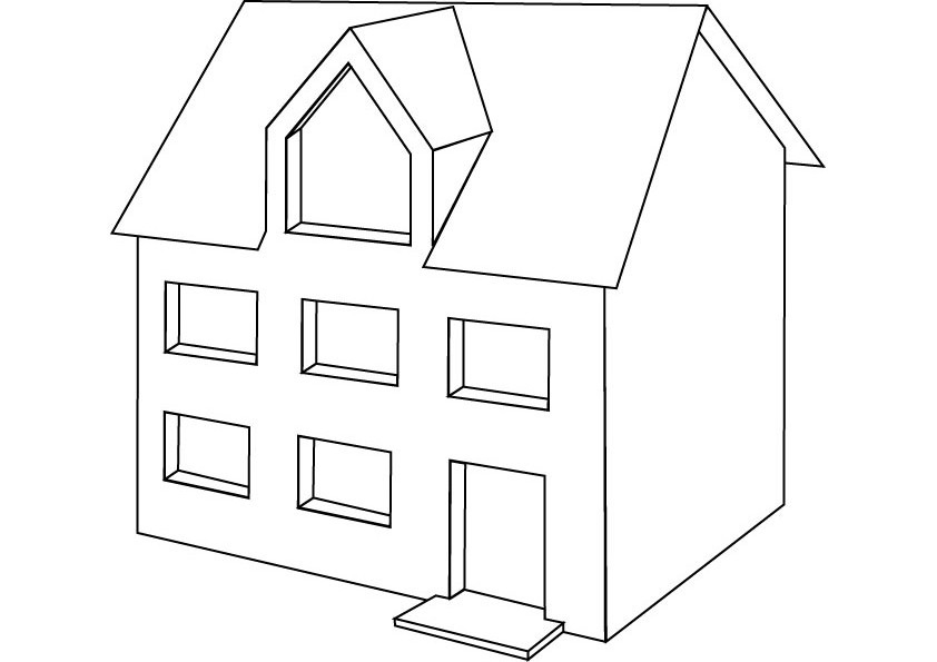 Coloriage d'une maison traditionnelle avec jardin et arbre