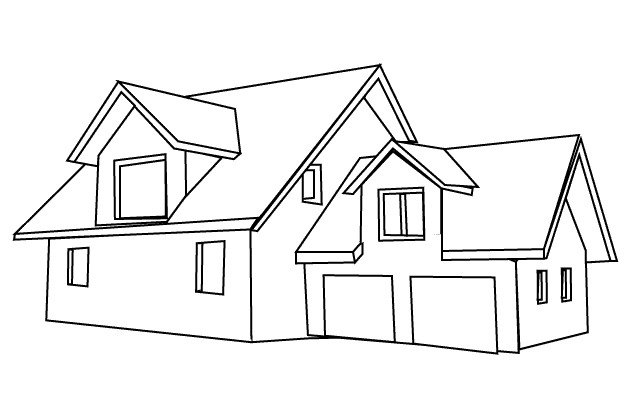 Coloriage d'une maison avec jardin et nuages