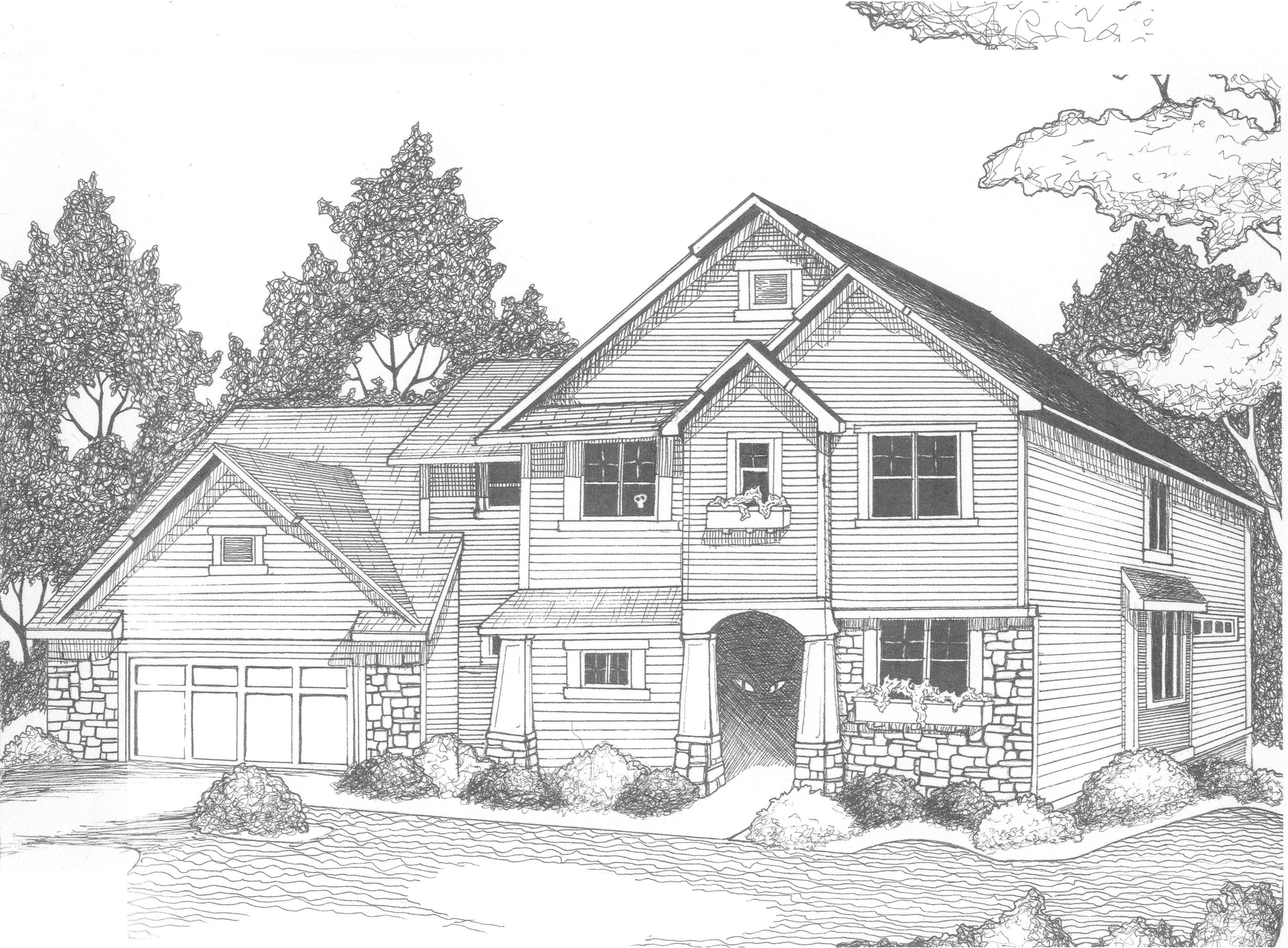 Coloriage d'une maison entourée d'arbres et de fleurs