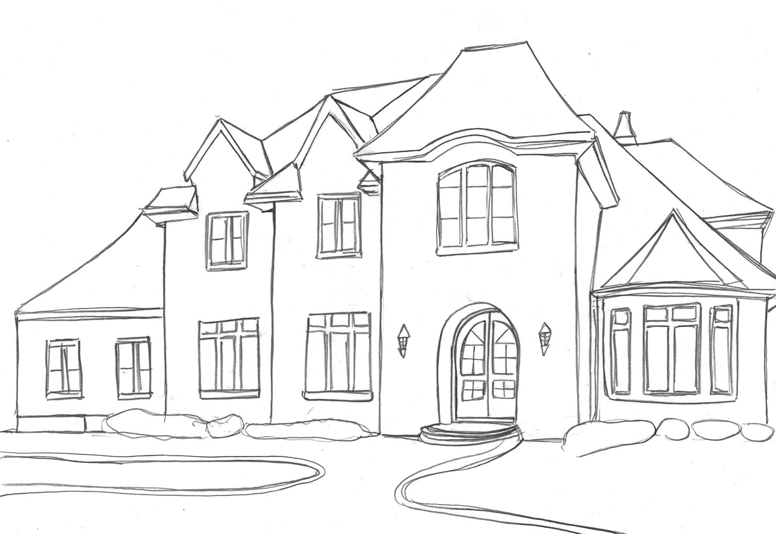 Coloriage d'une maison entourée d'arbres et de fleurs