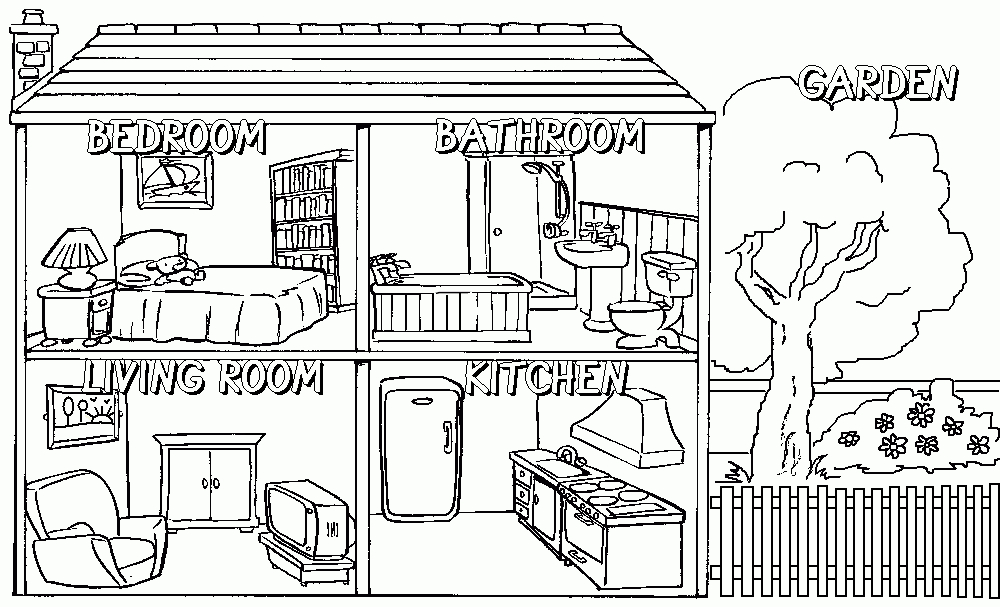 Coloriage d'une maison entourée d'un jardin et d'arbres