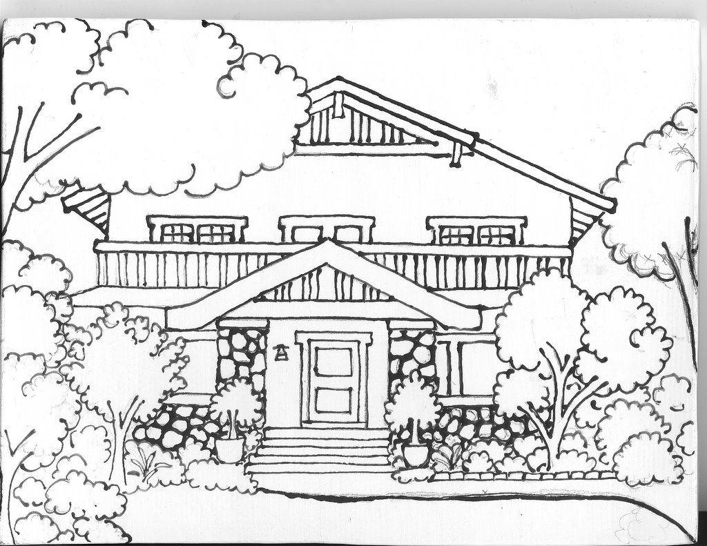 Coloriage d'une maison entourée d'arbres et de fleurs
