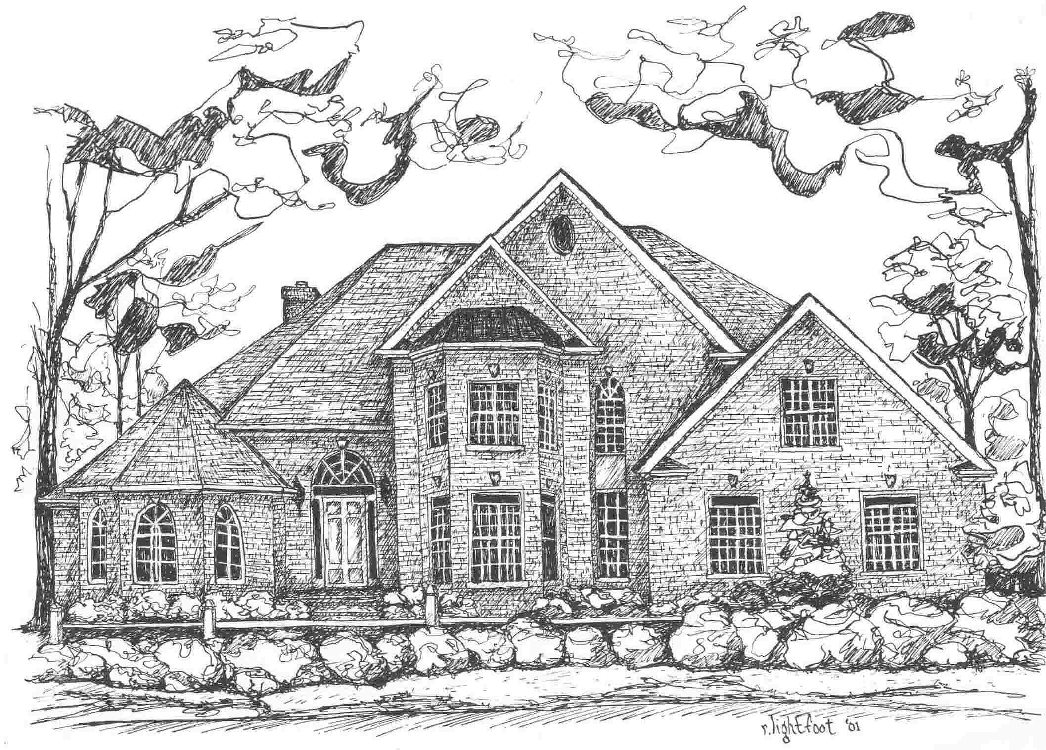 Coloriage d'une maison entourée d'un jardin verdoyant