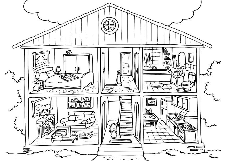 Coloriage d'une maison entourée d'arbres et d'un jardin