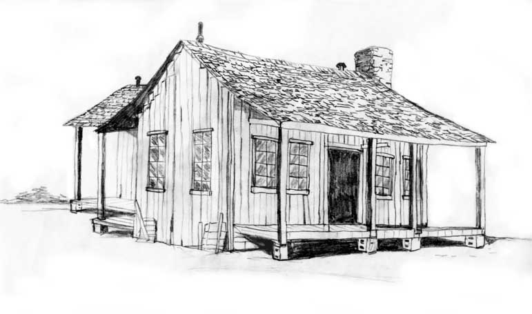 Coloriage d'une maison entourée d'arbres et d'un ciel ensoleillé