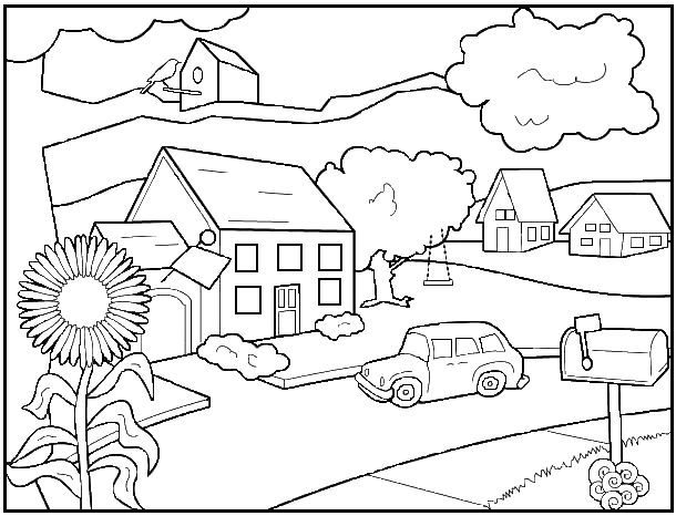 Coloriage d'une maison traditionnelle avec jardin et arbres
