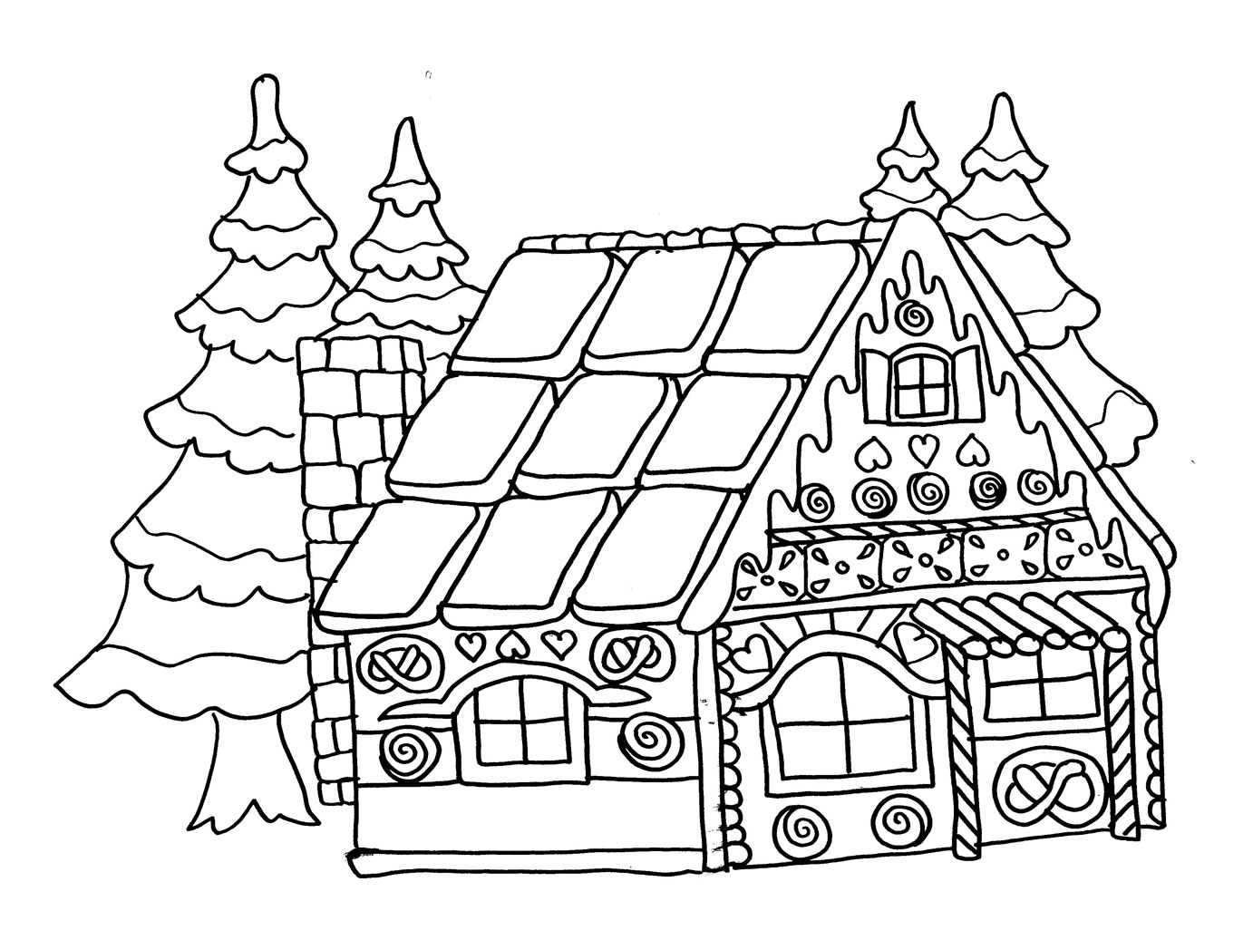 Coloriage d'une maison entourée d'arbres et de fleurs