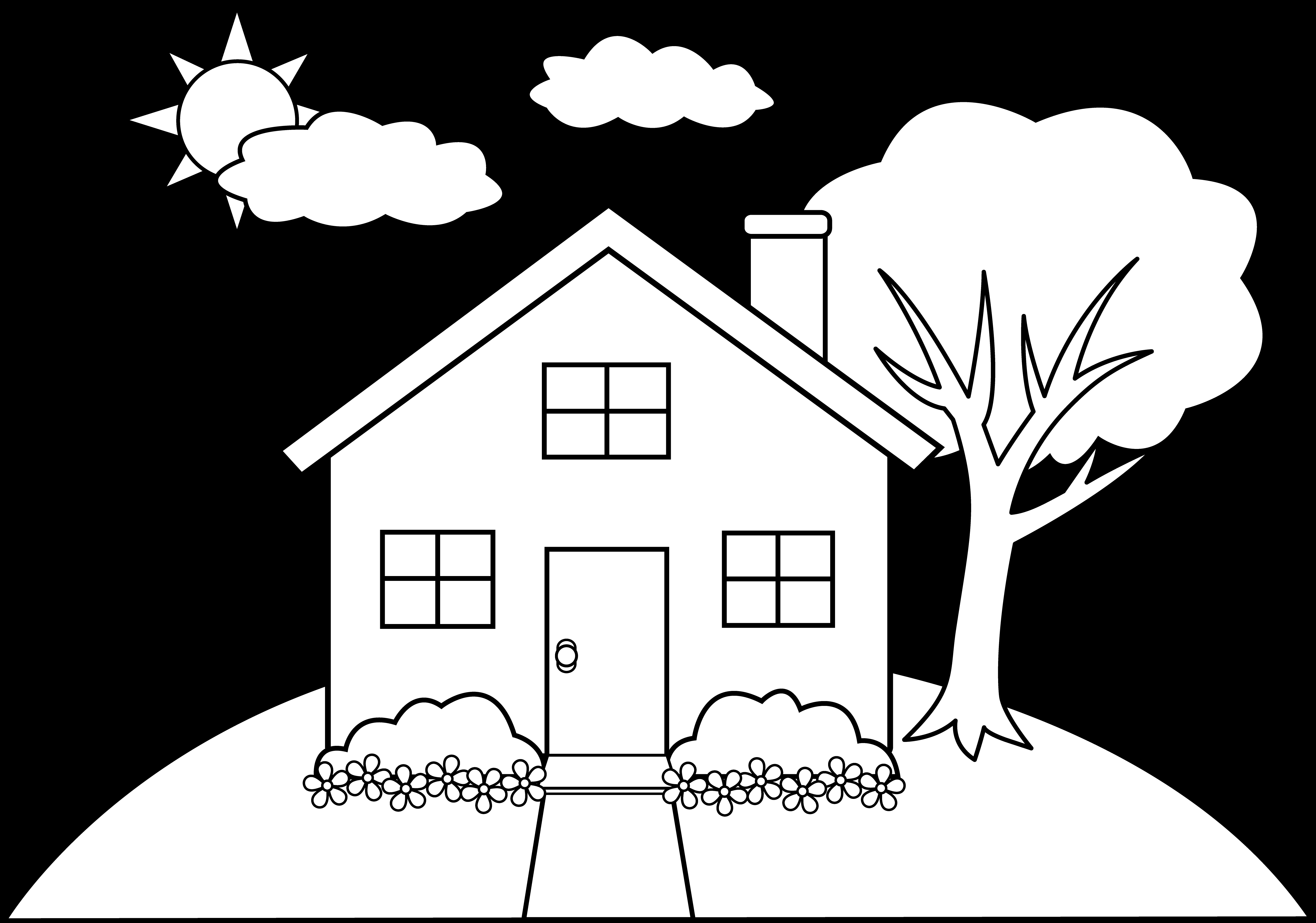 Coloriage d'une maison avec un jardin et un ciel nuageux