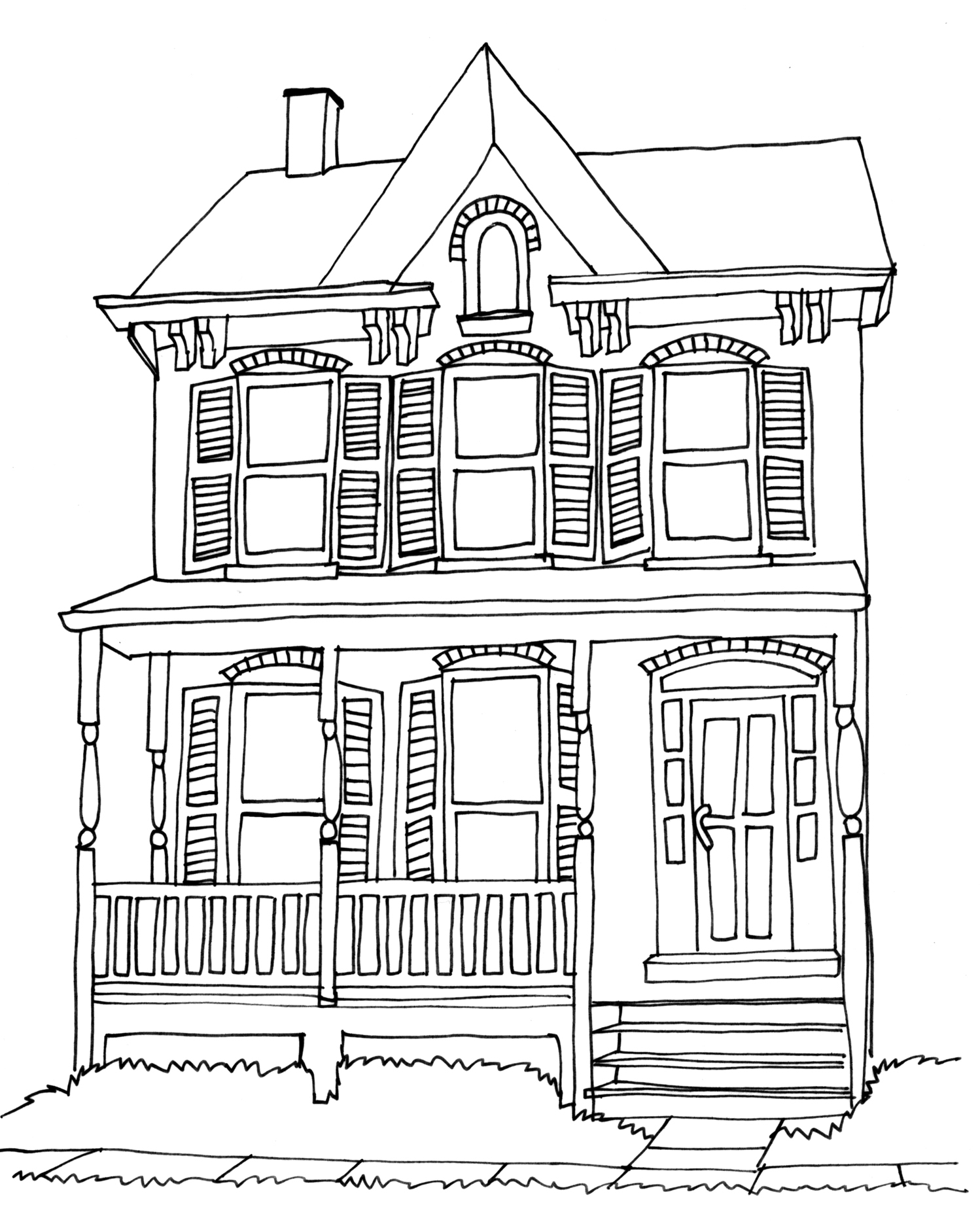 Coloriage d'une maison traditionnelle entourée de nature