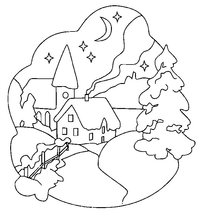 Coloriage d'une maison entourée d'arbres et de nuages