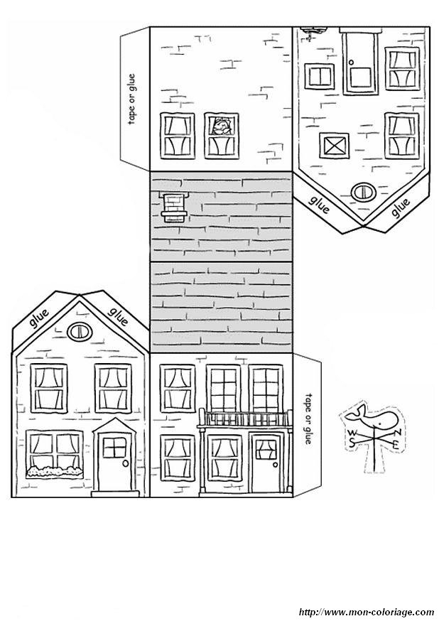 Coloriage d'une maison traditionnelle entourée d'arbres et de fleurs