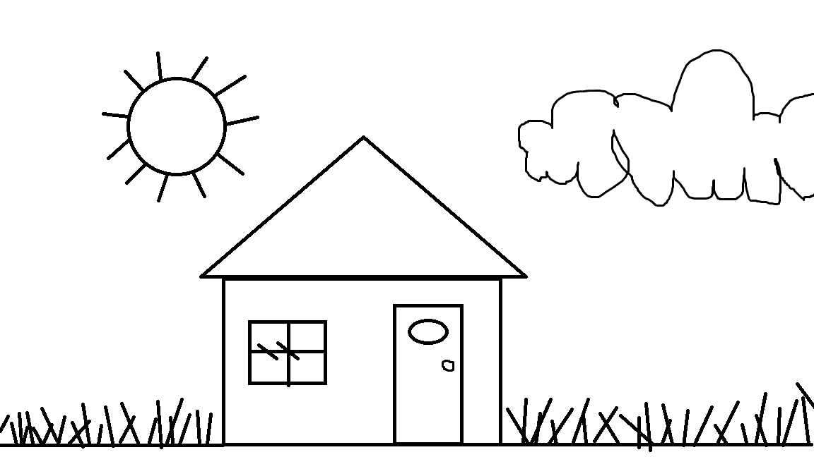 Coloriage d'une maison traditionnelle entourée d'arbres et de fleurs