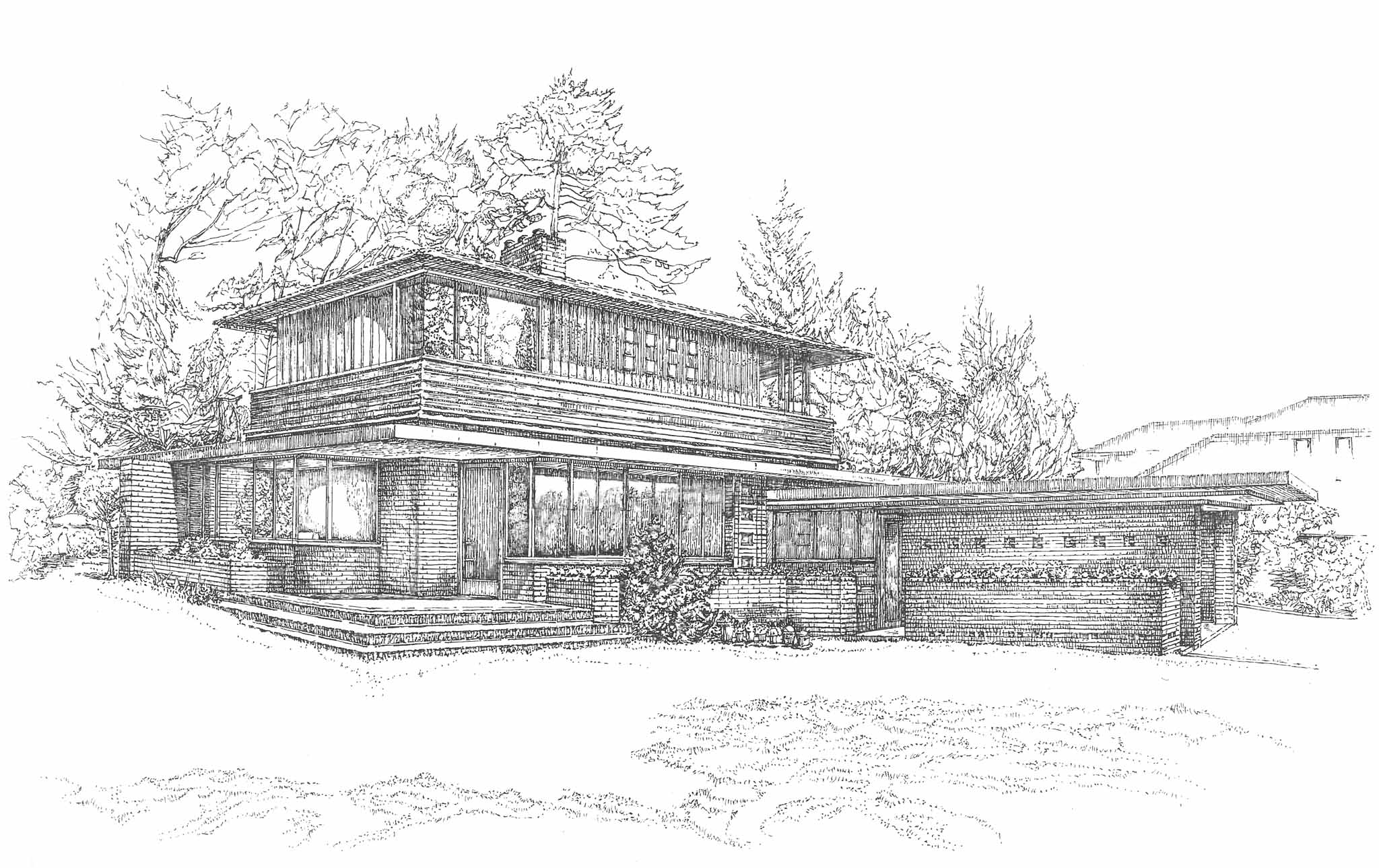 Coloriage d'une maison entourée d'arbres et de fleurs
