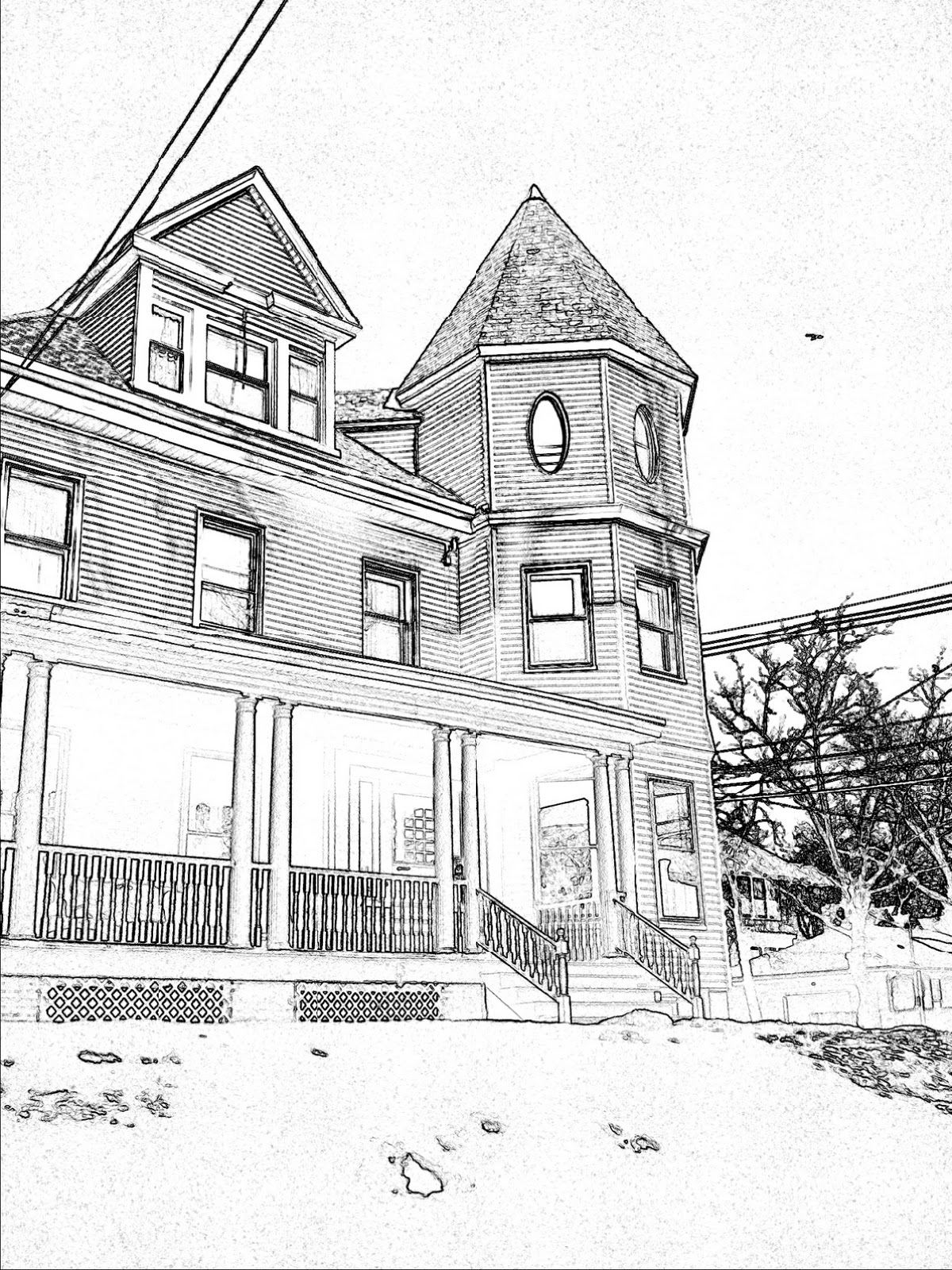 Coloriage d'une maison entourée d'arbres et d'un jardin