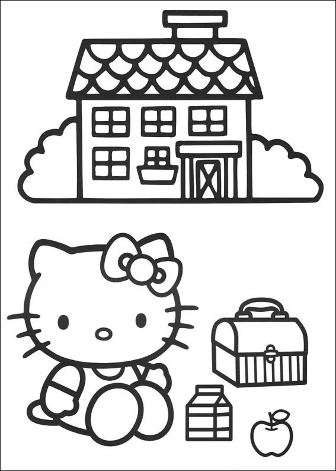 Coloriage d'une maison entourée d'arbres et de buissons
