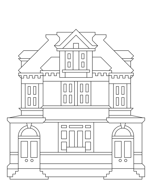 Coloriage d'une maison entourée d'arbres et d'un jardin fleuri
