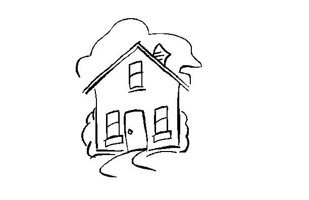 Coloriage d'une maison entourée d'arbres et de fleurs