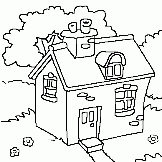 Coloriage d'une maison entourée d'arbres et d'un nuage