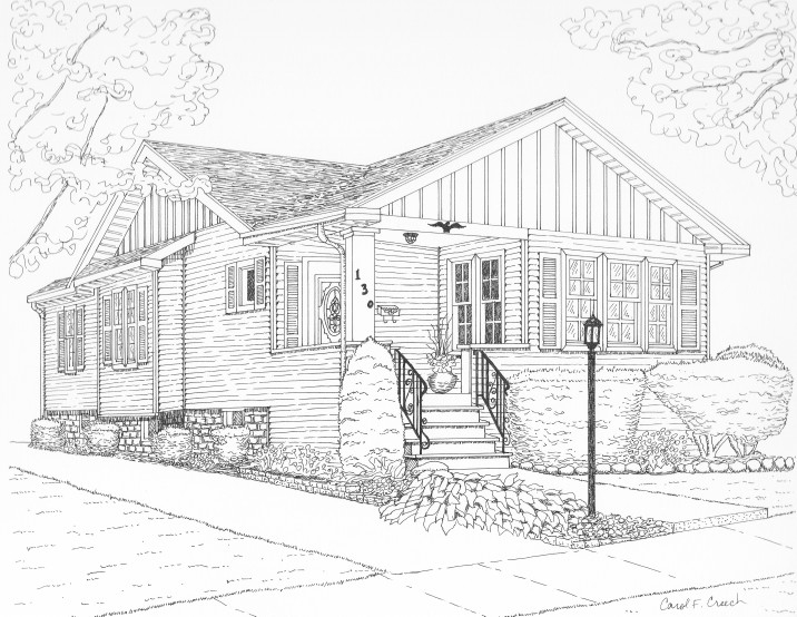 Coloriage d'une maison entourée d'arbres et de fleurs